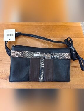 Black Crossbody Bag with Snake-Print Accent